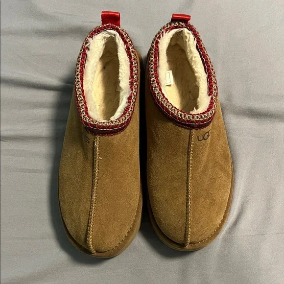 UGG Tan Suede Slip-Ons with Red Trim - Picture 2 of 5